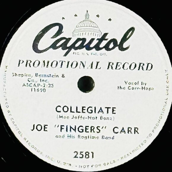 Joe "Fingers" Carr Collegiate 10 Inch Shellac 78 RPM Capitol Promo 2581 - Picture 2 of 4